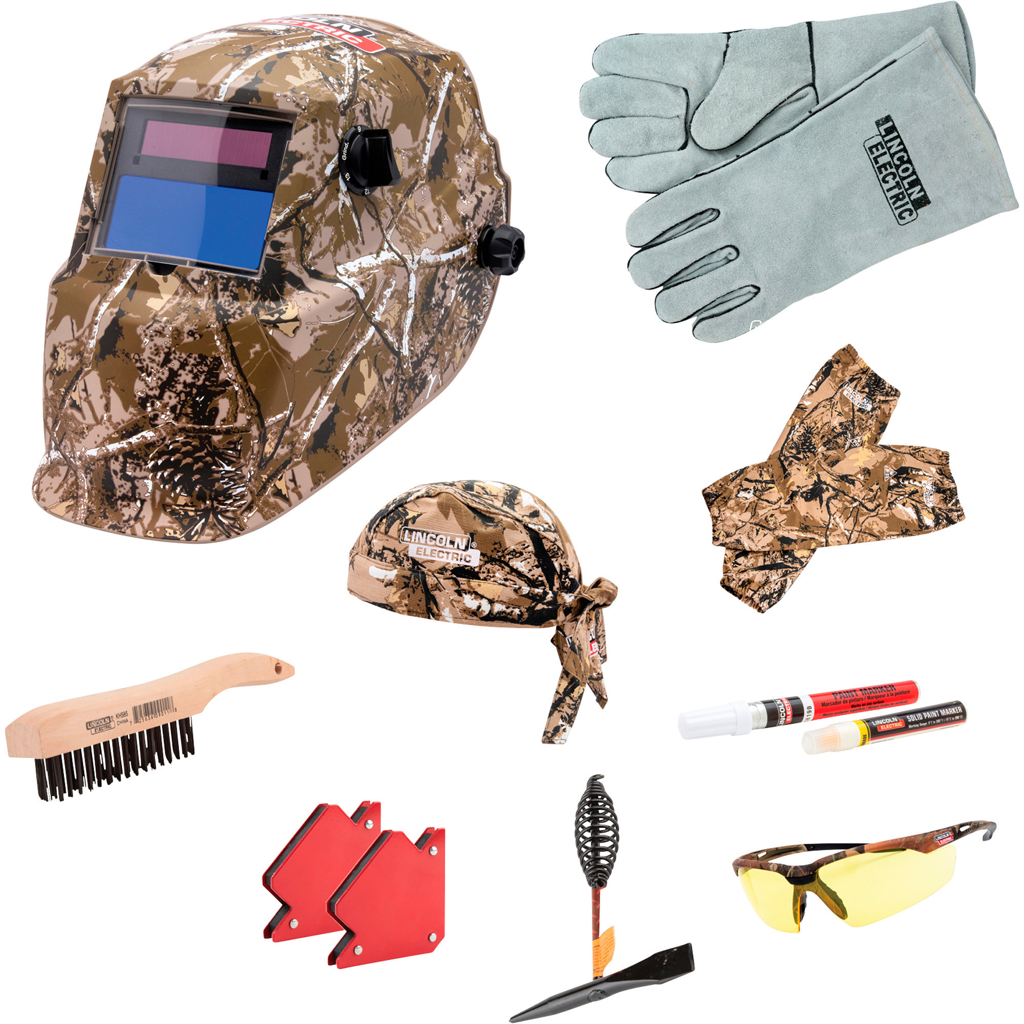 Lincoln Electric, CAMO WELDING HELMET KIT, Auto Darkening, Switch Time 1/10000 sec., Grind Mode, Model# K4738-1
